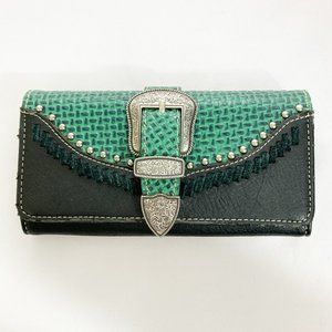 Trinity Ranch Black & Green Embellished Tri-Fold Wallet with Silvertone Hardware